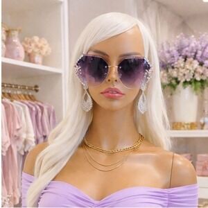 Sunglasses Women Purple Rimless Rhinestone Oversized Shades